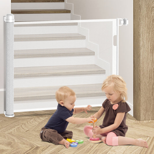 Kidsbuddy Retractable Baby & Dog Pet Gate Mesh Safety Gate for Doorways & Stairs- 35" Tall, Extends to 71" Wide Indoor & Outdoor Child Gates for the House, White