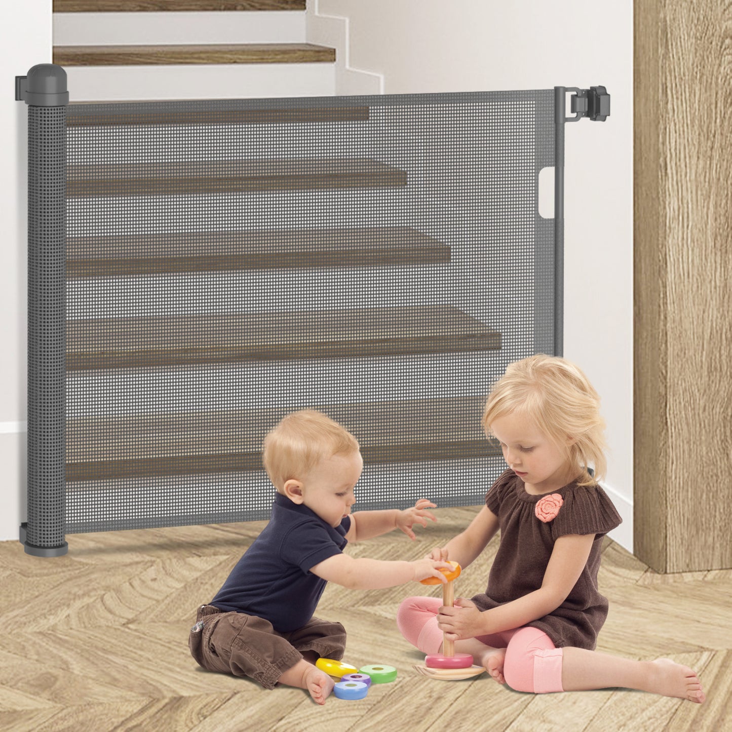 Kidsbuddy Retractable Baby & Dog Pet Gate Mesh Safety Gate for Doorways & Stairs- 35" Tall, Extends to 71" Wide Indoor & Outdoor Child Gates for the House, Gray