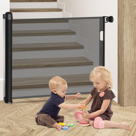 Kidsbuddy Retractable Baby & Dog Pet Gate Mesh Safety Gate for Doorways & Stairs- 35" Tall, Extends to 71" Wide Indoor & Outdoor Child Gates for the House, Black