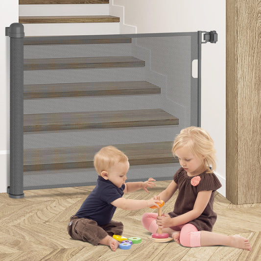 Kidsbuddy Retractable Baby & Dog Pet Gate Mesh Safety Gate for Doorways & Stairs- 35" Tall, Extends to 59" Wide Indoor & Outdoor Child Gates for the House, Gray