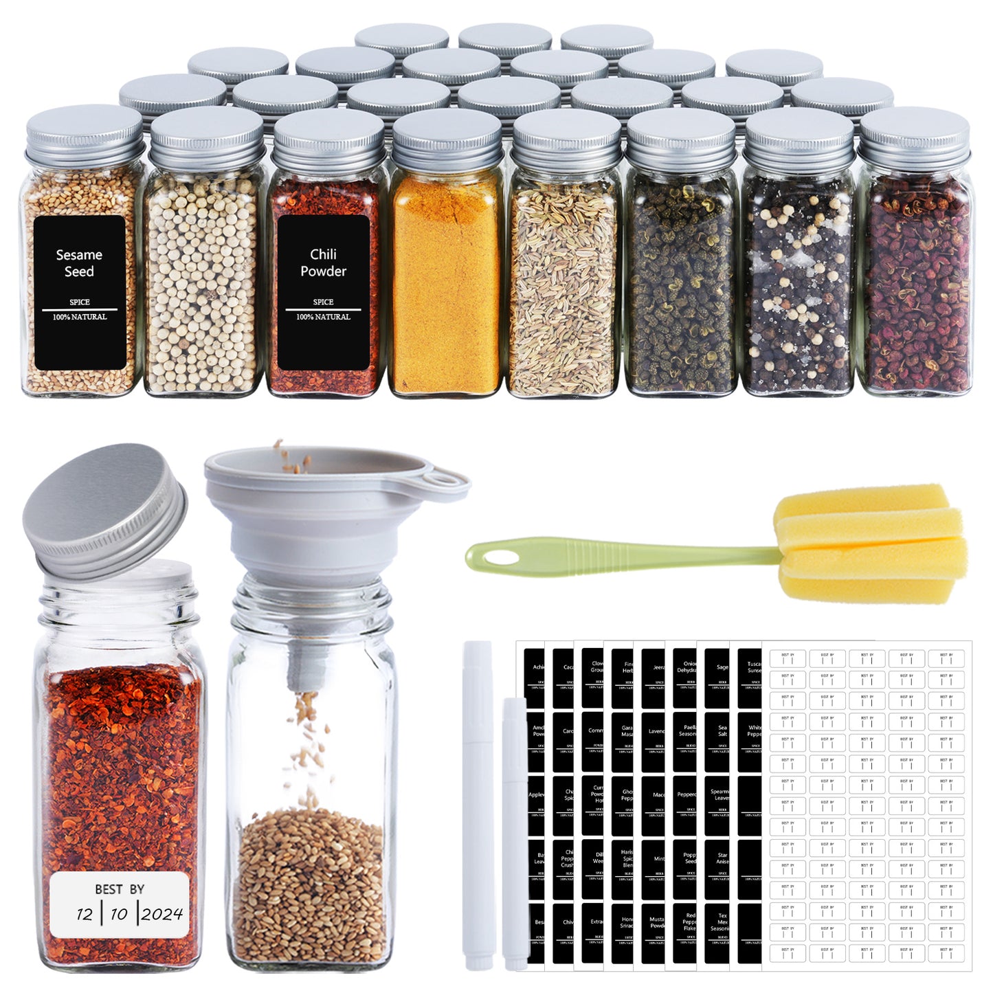 Luxvie 24 Pcs Glass Spice Jars with Labels 4 oz Empty Square Spice Containers with Airtight Metal Caps with Shaker Lids